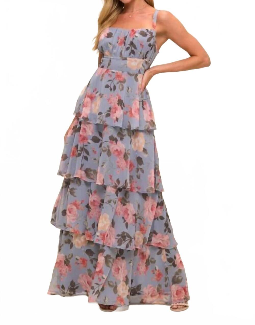 NEW LOVELY DAY floral multi-layered tie back maxi dress in blue